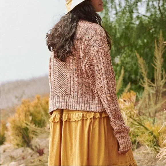 The Great. The Montana Cropped Cable Cardigan Coral Pink Prairie Marl Knit 2 / M - Picture 4 of 9